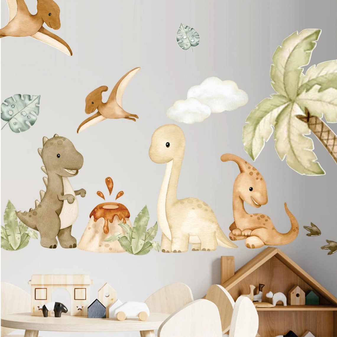 Watercolor Dinosaurs Wall Decal, Neutral Boho Baby Boy Stickers, Dino ...