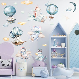 Cute Flying Balloons Clouds And Animals Kids Baby Room Sticker Set, Nursery Wall Decal, Watercolor Murals