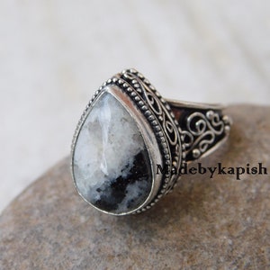 White Buffalo and Turquoise Ring, 925 Sterling silver ring, Handmade/Black and White healing Stone Ring, Natural Buffalo Turquoise jewelry,