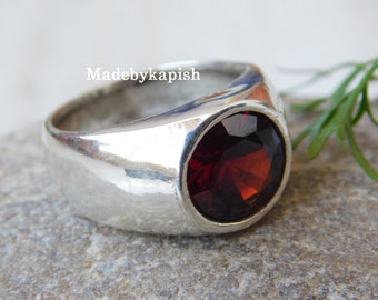 925 Silver Red Garnet Ring: Men's Sterling Silver Signet