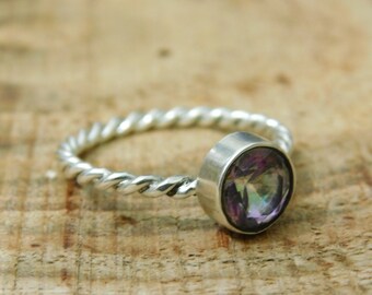 Natural Mystic Topaz Ring* Twisted Rope Band Ring* Silver Jewelry* Colorful Gemstone* Round Gemstone* Handmade Topaz Ring* Stacking Ring*