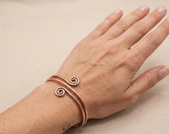 Handmade Pure Copper Adjustable Cuff Bracelet, Boho Spiral Design, Gift for Her Him