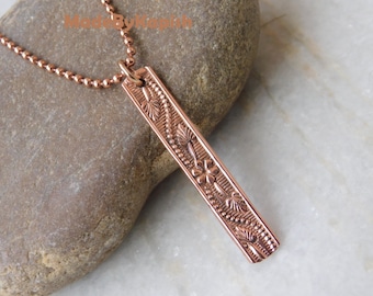 Flower Textured Copper Bar Necklace: Unisex Boho Pendant