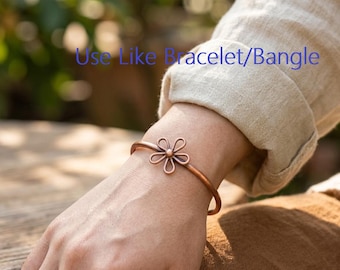 Handmade Pure Copper Flower Cuff Bracelet, Rustic Bangle, Gift for Her or Him