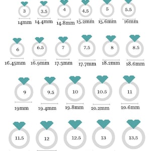 May include: A Ring Size Guide chart featuring rows of gray ring icons with teal heart-shaped stones. Each icon displays a numerical ring size and its corresponding diameter measurement in millimeters, ranging from 14mm to 22.6mm for sizes 3 to 13.5.