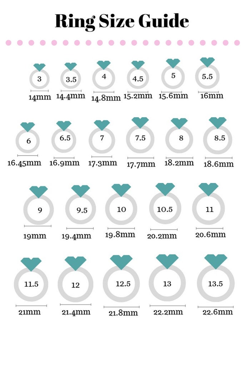 May include: A Ring Size Guide chart featuring rows of gray ring icons with teal heart-shaped stones. Each icon displays a numerical ring size and its corresponding diameter measurement in millimeters, ranging from 14mm to 22.6mm for sizes 3 to 13.5.