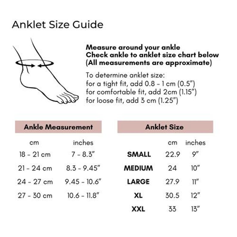 Puede incluir: Una gu&iacute;a de tallas para tobilleras con un dibujo lineal en blanco y negro de un tobillo. El texto incluye instrucciones de medici&oacute;n y una tabla que enumera las tallas de Small a XXL con medidas en cent&iacute;metros y pulgadas.