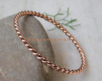 Pure Twisted Copper Bangle, Hammered Stacking Bracelet, Arthritis Relief Cuff