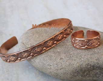 Pure 100% Handmade Copper Bracelet And Ring set ,Copper Bracelet and Ring , Unisex Adjustable bracelet and ring Beautiful Copper Jewelry,