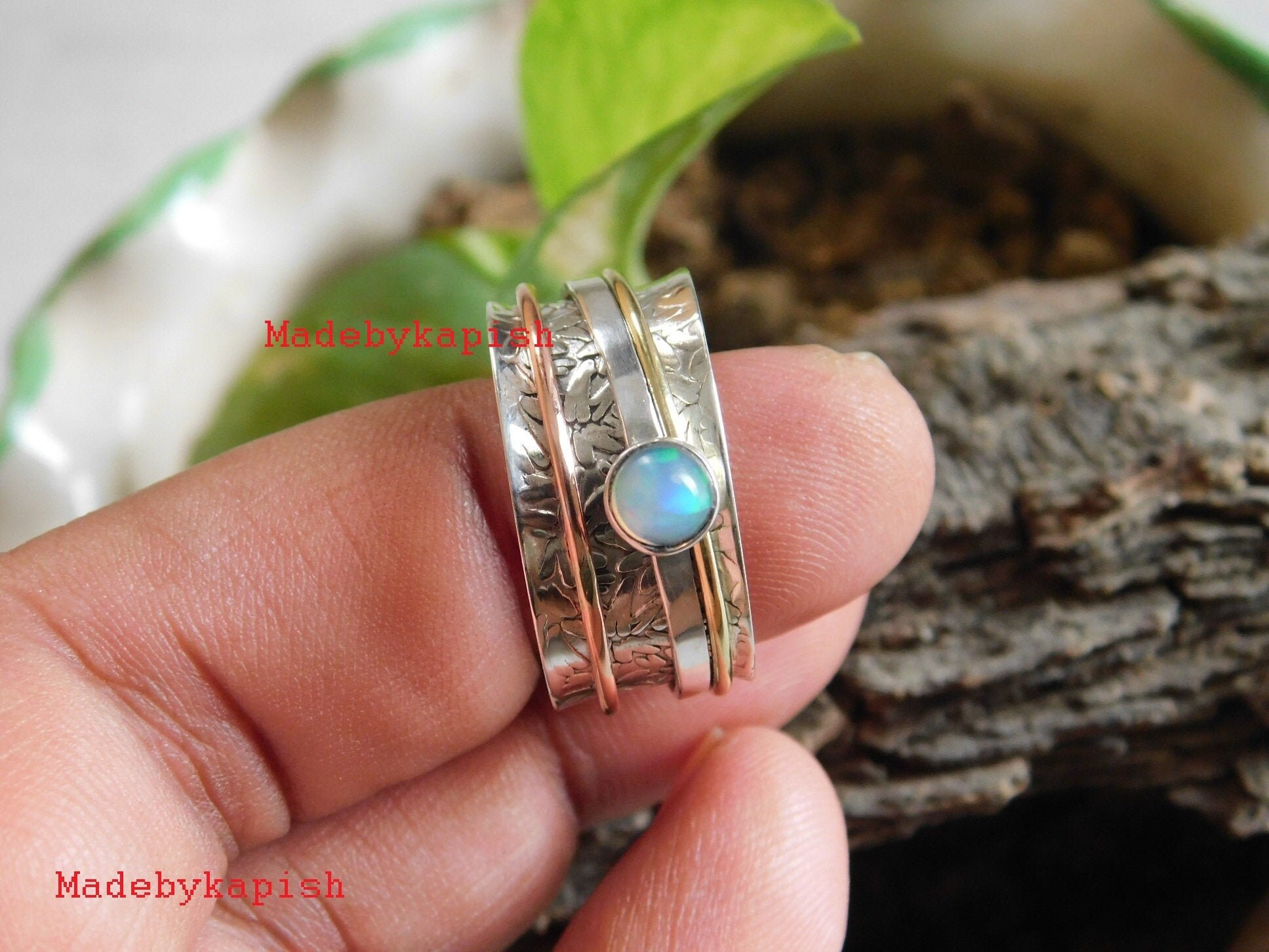Opal Ring Solid 925 Sterling Silver Spinner Ring Meditation Handmade Jewelry Z01