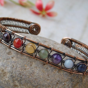 Pure Copper Wire 7 Chakra Crystal Bracelet, Adjustable Cuff Healing Beads Gift for her bangle, Solid Copper Protection Chakra Bracelet,