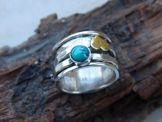 Hammered Ring Sterling Silver Ring Spin Ring Boho Ring Turquoise Jewelry Turquoise Ring Meditation Ring Ring For Women Dainty Ring