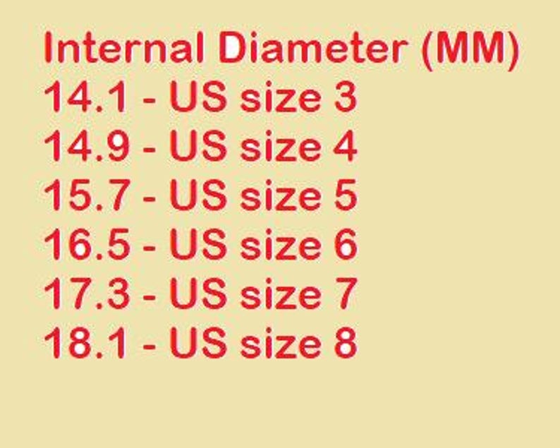 May include: A light yellow informational chart with red text listing ring internal diameters in millimeters alongside corresponding US sizes from 3 to 8. The text reads: Internal Diameter (MM), 14.1 - US size 3, 14.9 - US size 4, 15.7 - US size 5, 16.5 - US size 6, 17.3 - US size 7, 18.1 - US size 8.