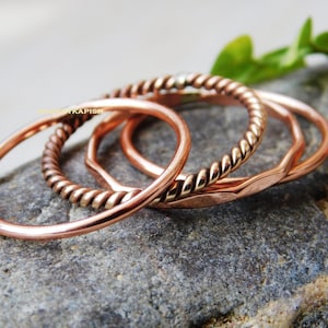 Dainty Copper Stacking Rings Set: Hammered, Twisted, Plain Bands