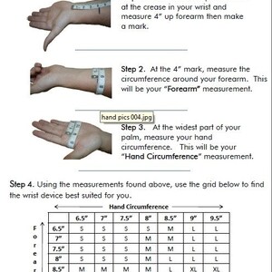 May include: A chart showing how to measure your wrist and hand circumference for a wrist device. The chart shows measurements in inches, from 6.5 inches to 9.5 inches. The chart also shows the corresponding size of the wrist device, from small to extra large.