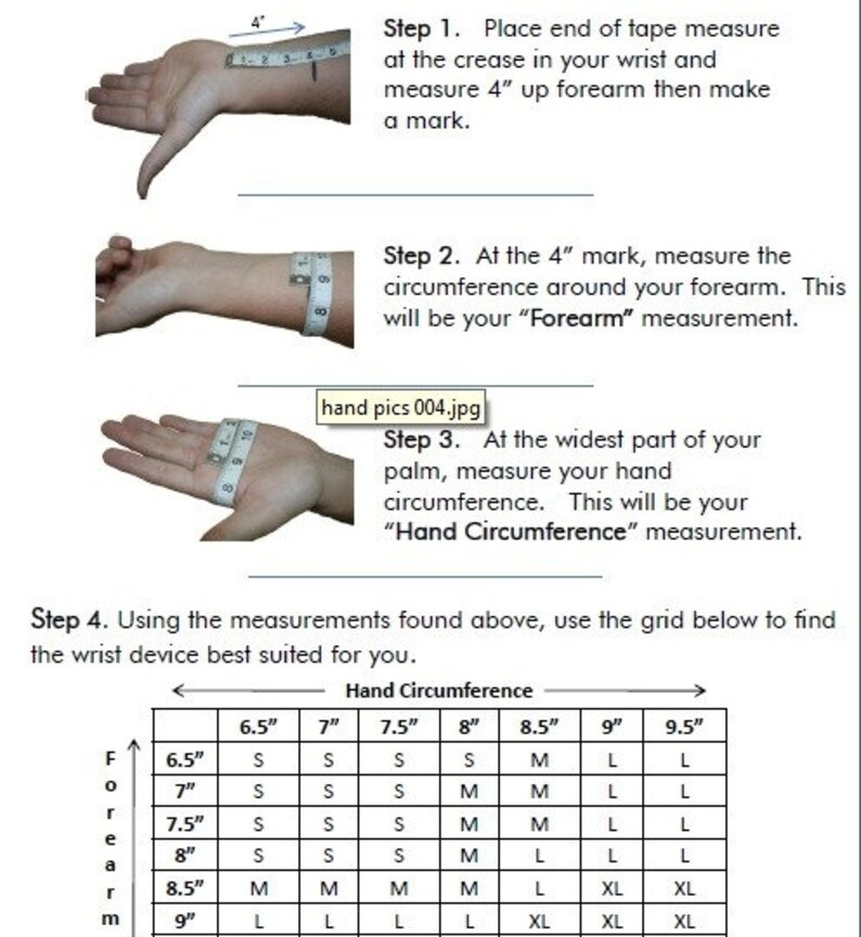 May include: A chart showing how to measure your wrist and hand circumference for a wrist device. The chart shows measurements in inches, from 6.5 inches to 9.5 inches. The chart also shows the corresponding size of the wrist device, from small to extra large.