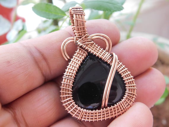 Black Onyx Copper Healing Pendant Necklace, Men Copper Wire