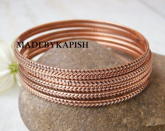 Handmade Copper Bangle Set, Thin Hammered Stacking Bracelets