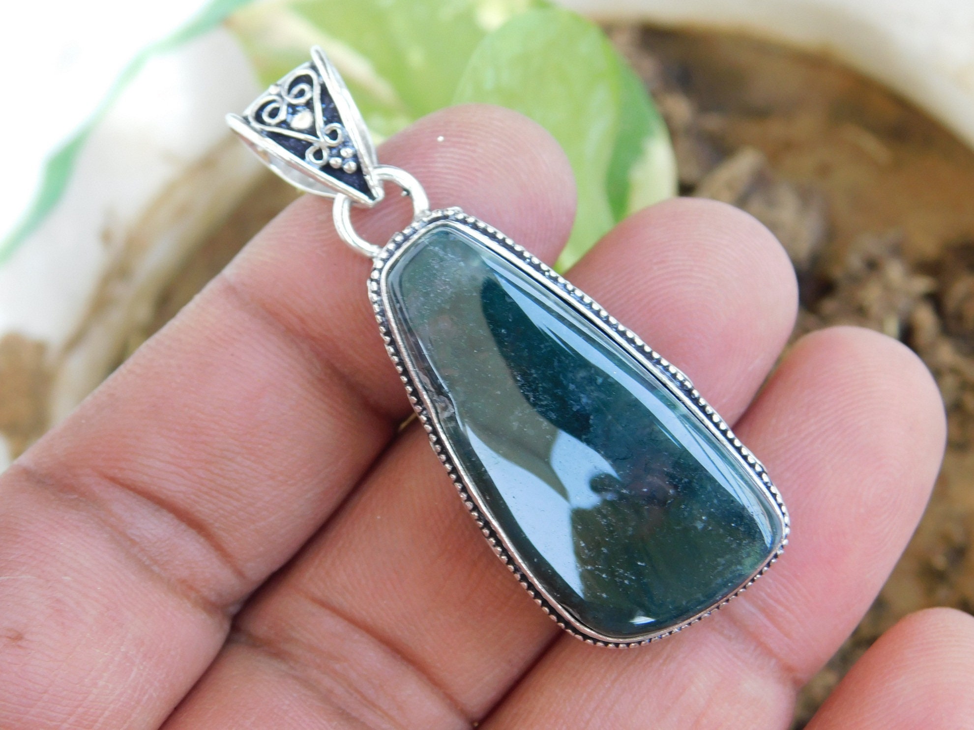 Genuine moss agate gemstone pendant sterling silver | Etsy