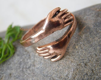 Unique Copper Hug Ring, Handmade Love Hugging Hand Stackable Ring, Copper Love Hug Ring, Couple Ring, Adjustable Love Hug Ring, Hand Ring,