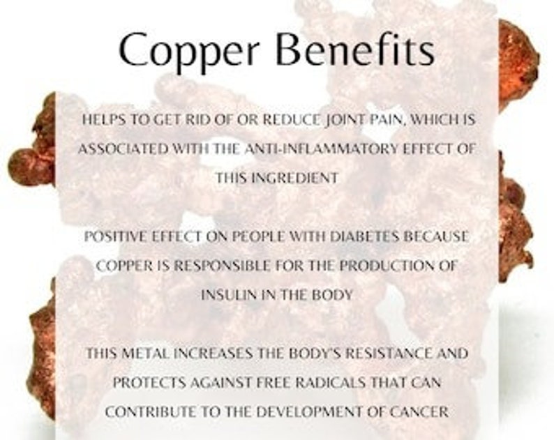 May include: Close-up of copper metal pieces with the text "Copper Benefits" and a list of health benefits associated with copper, including reducing joint pain, helping with diabetes, and boosting the body's resistance to free radicals.