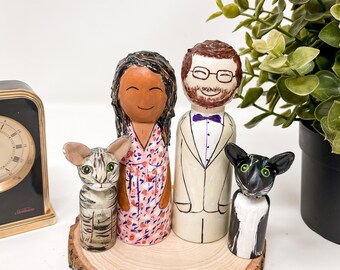 Custom Wedding peg doll with Pet, wedding figurines with cat & dog ,custom just married Christmas gift, personalized wedding cake topper