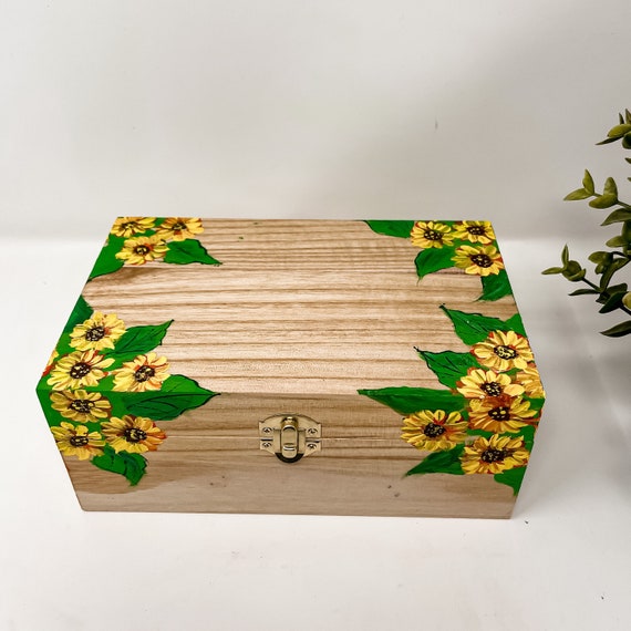 Handcrafted Wood Trinket Jewelry Box Hinged Lid Signed Flowers Cross-stitch  