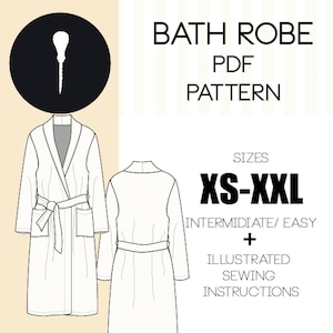 Może przedstawiać: Czarno-biały rysunek szlafroka z paskiem. Tekst "BATH ROBE PDF PATTERN" znajduje się w górnej części obrazu. Tekst "SIZES XS-XXL INTERMIDIATE/EASY + ILLUSTRATED SEWING INSTRUCTIONS" znajduje się w środkowej części obrazu. Tekst "BILINGUAL" znajduje się w dolnej części obrazu.