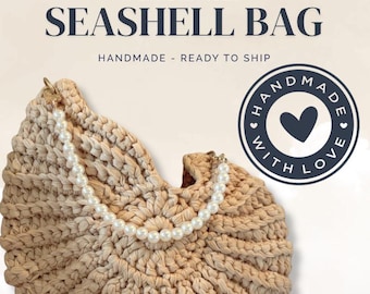 Crochet Fundy Seashell Bag with Pearl Handle | Handmade Coastal Boho Handbag | Faux Suede Texture Yarn | Summer Statement Beach Bag