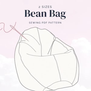 Może przedstawiać: Biały wzór PDF do szycia worka sako z napisem "Bean Bag" w ciemnoniebieskiej czcionce. Obraz zawiera tekst "2 Sizes" i "Sewing PDF Pattern". Obraz zawiera również dwa okrągłe logo.