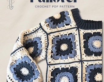Bluebell Granny Square Pullover Crochet Pattern | Modern Floral Sweater (PDF Download)