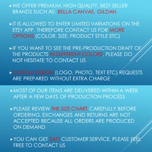 May include: A blue background with white text outlining the services offered by a custom apparel shop. The text includes information about the brands used, customization options, production time, and customer service.