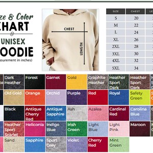 May include: Unisex hoodie size chart with measurements in inches. The chart shows chest and length measurements for sizes S through 5XL. A color chart shows 36 different colors of hoodies.