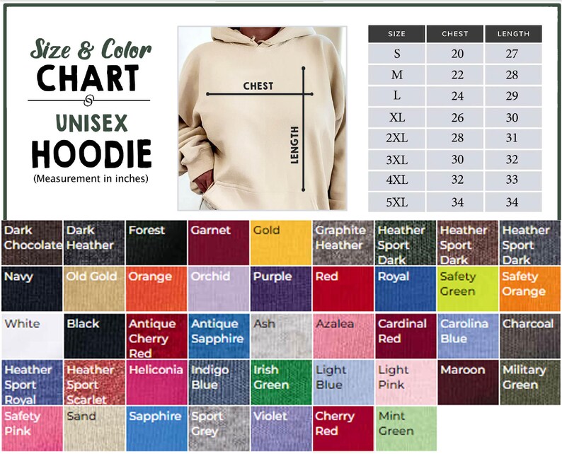 May include: Unisex hoodie size chart with measurements in inches. The chart shows chest and length measurements for sizes S through 5XL. A color chart shows 36 different colors of hoodies.