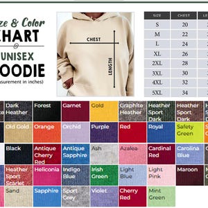 May include: Unisex hoodie size chart with measurements in inches. The chart shows chest and length measurements for sizes S through 5XL. A color chart shows 36 different colors of hoodies.