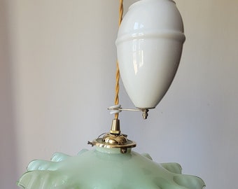 French rise and fall green opalin glass pending light pendant ceiling lamp vintage opal opaline Art deco counterweight