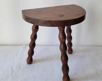 french country wooden stool milkman brutalist vintage France farm rustic turned wood twisted half moon