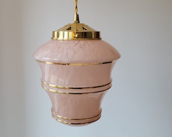 French Art deco pink Clichy glass opaline pendant light opal opalin Art deco ceiling pending lamp vintage