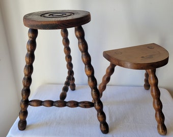 RESERVED FOR LAINEY Duet of french country wooden stools milkman brutalist vintage France farm rustic turned wood twisted