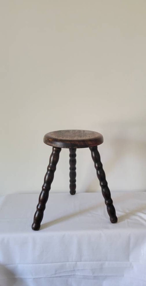 French Country Wooden Stool Milkman Brutalist Vintage France Farm Rustic Turned Wood