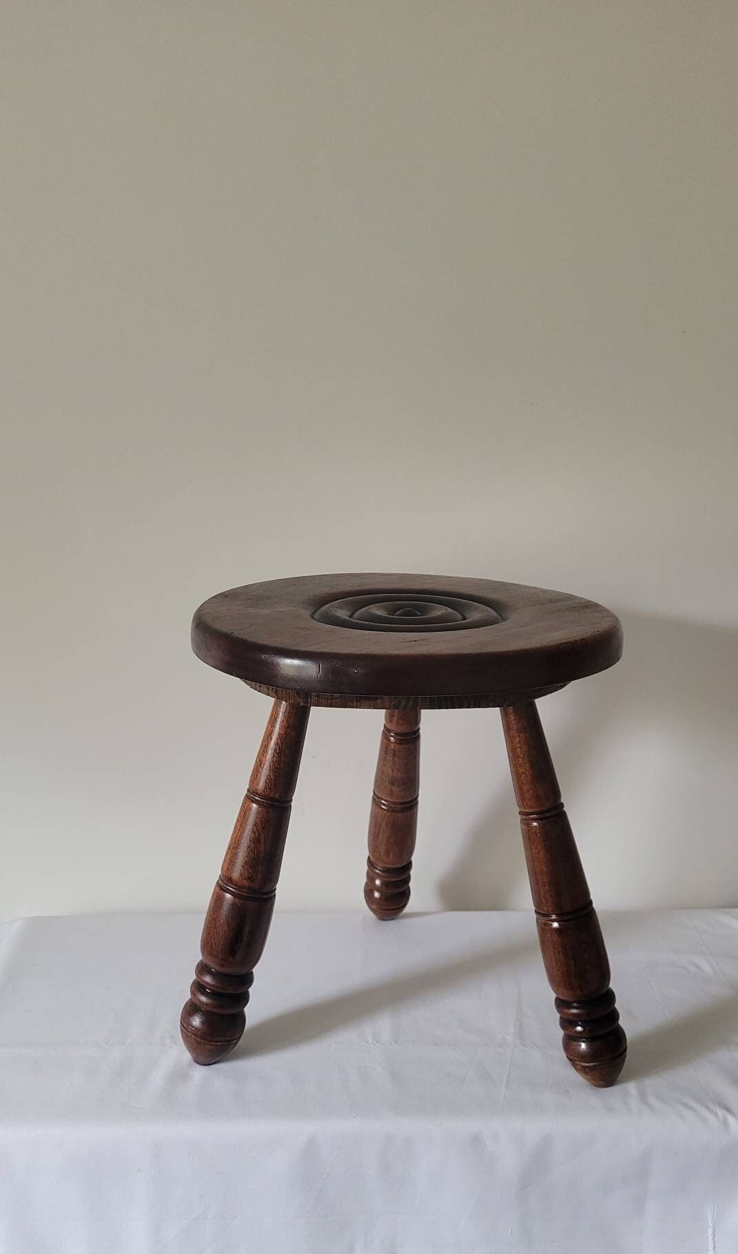 French Country Wooden Stool Milkman Brutalist Vintage France Farm Rustic Turned Wood