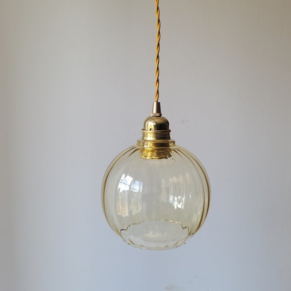 Suspension vintage en verre strié jaune 1960s