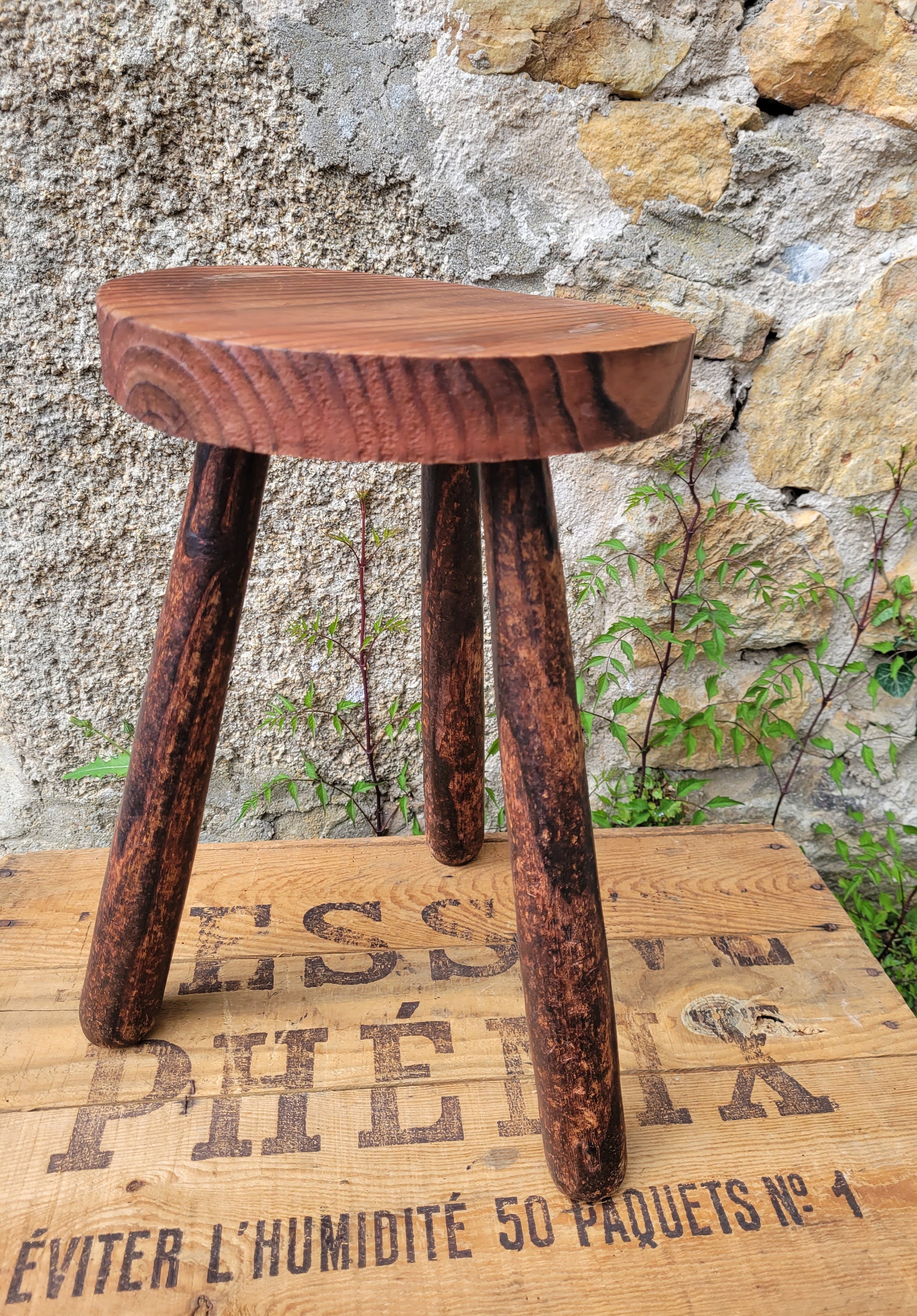 French Country Wooden Stool Milkman Brutalist Vintage France Farm Rustic Turned Wood