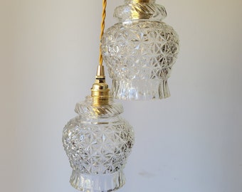 Duo of vintage molded glass pendant lights 1960s