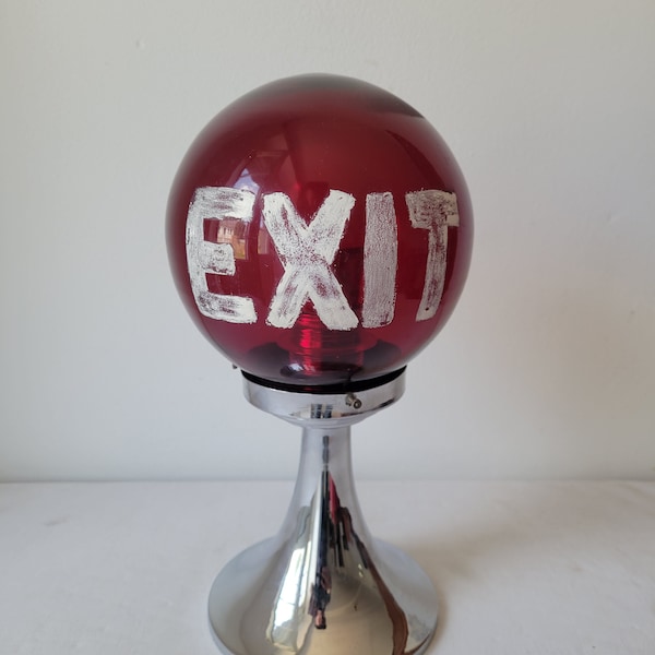 french vintage lamp EXIT red globe silver foot Art deco streamline
