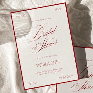 Modello di invito per addio al nubilato di lusso senza tempo, invito romantico per addio al nubilato rosso, elegante invito per brunch nuziale in stile old-school / Tori