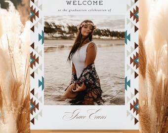 Southwestern Graduation Welcome Sign Template, Desert Graduation Party Welcome Poster, Turquoise Tribal Entry Sign | Grace