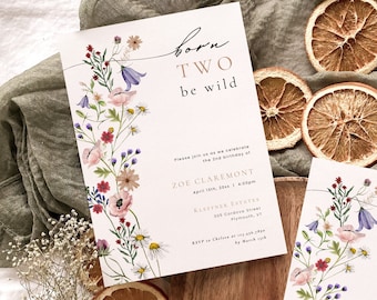 Born Two Be Wild Birthday Invitation Template, Wildflower 2nd Birthday Invite, Floral Second Birthday Party Invitation, Spring Invite | Zoe