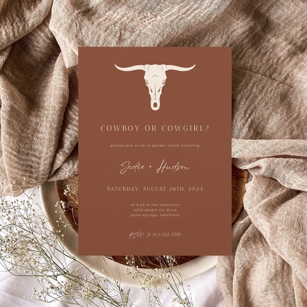 Western Gender Reveal Invitation Template, Terracotta Cowboy or Cowgirl Invite, Rustic Country Gender Reveal Party Invitation | Sadie