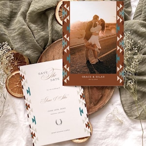 Southwestern Save the Date Template, Türkisfarbene Wüste Speichern Sie unsere Datumskarte, Landhochzeitsankündigung, Tribal Ranch | Anmut